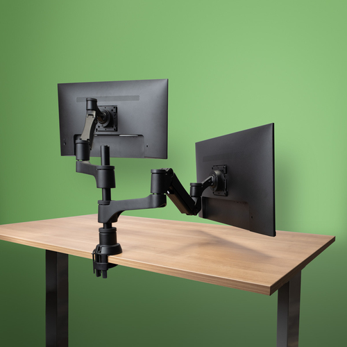 [RGOVLCA4TWSI] R-Go Tools Braccio porta monitor R-Go Caparo, braccio porta monitor doppio regolabile con molla a gas, capacità di carico 3-9 kg, nero